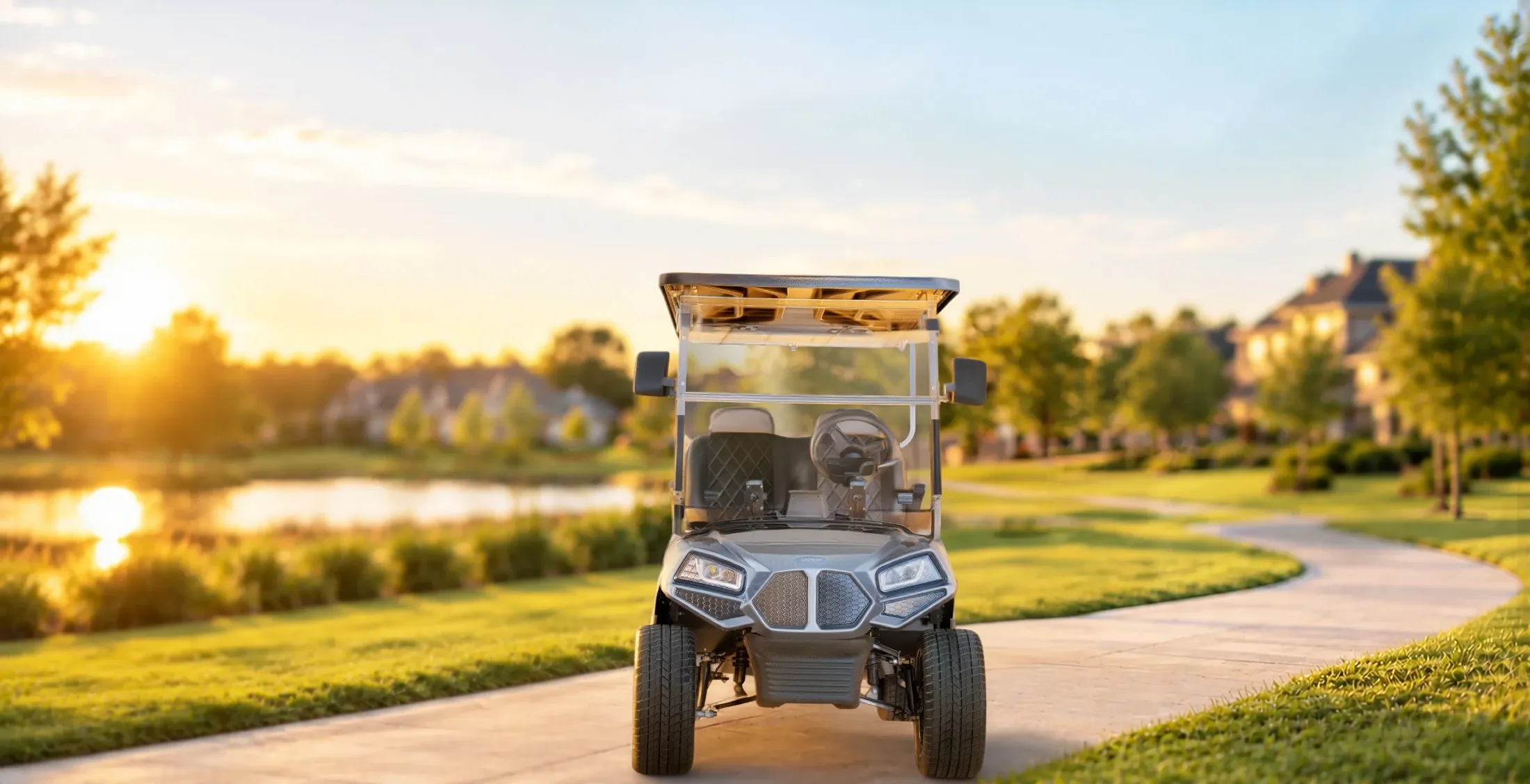 Front view of the Sterling Cruiser with the lakeside path and neighborhood in view