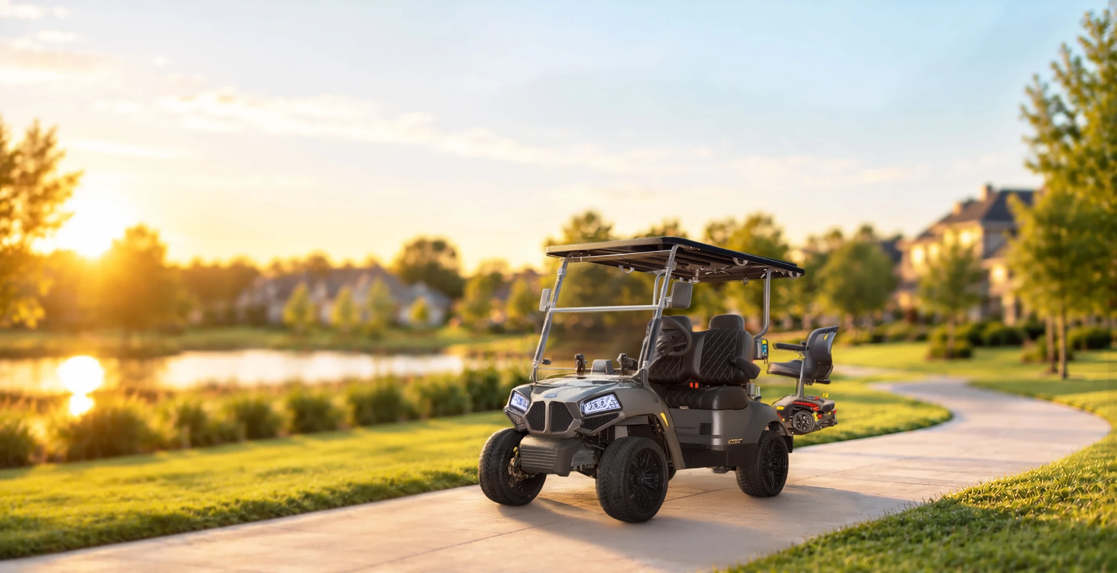 Sterling Cruiser beside a lake, carrying a mobility scooter on its rear platform